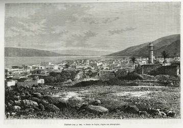 Generell utsikt over Tiberiade (Israel). Taylors gravering, for å illustrere historien om dagens Syria, av M. Lortet, dekan ved Det medisinske fakultet i Lyon, ansvarlig for et vitenskapelig oppdrag fra departementet for offentlig utdanning, publisert i To