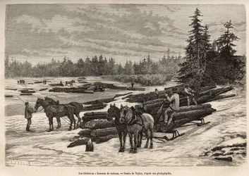 Nedstigningen av flåtene i Ontario, loggerne losser de kuttede stammene og installerer dem på den frostige elven, og under degelen vil stammene bli båret av strømmen til stedet der de vil bli tømt og transformert, gravering etter uavgjort