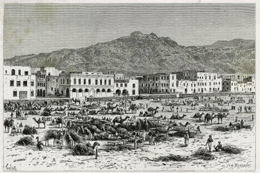 Marsjen til Aden (Jemen). Taylors gravering, for å illustrere historien "" Journey to the Benadir, Somali and Bayoun "", i 1882-1883, av M.G.Revoil. Publisert i Le Tour du monde, nouveau journal des voyages