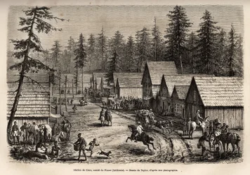 Stasjonen til Cisco, Count of Placer (Nevada), hvor man kan ta ekspresstoget til Pacific Railway (Pacific Railway), gravert etter Taylors tegning, som illustrerer reisen fra Washington til San Francisco i 1868, av L. Simonin, publisert i "L