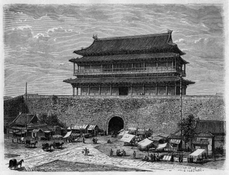 Tian'anmen, Porte de la Purete Celeste i Pekin (Beijing) på 1800-tallet. Gravering fra en tegning av Taylor, fra et fotografi av Dr. Morache, i "" Le Tour du Monde, Nouveau journal des Voyages", redigert av Edouard Charton, Paris