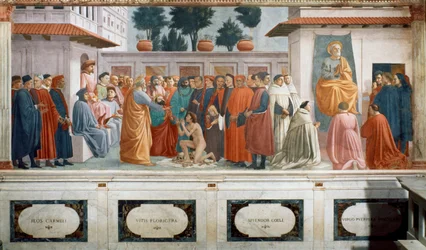 Oppdragelsen av sønnen til Theophilus, kongen av Antiokia, og St. Peter tronet som første biskop av Antiokia, ca. 1427 og ca. 1480 (fresco)
