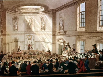 India House, The Sale Room, fra Ackermanns Microcosm of London, gravert av Joseph Constantine Stadler (fl.1780-1812), 1808 (akvatint)