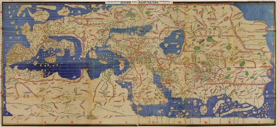 En kopi fra 1929 med navn overført til latinsk skrift av den arabiske Tabula Rogeriana fra 1154, opp-ned med nord orientert opp