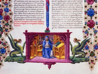 Grensefrise ved foten av siden med St. Matteus evangelisten, bind II f 148, v, Bibelen til Borso d'Este, Taddeo Crivelli (1425-1479) og assistenter, latinsk manuskript