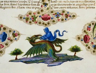 Grensefrise ved foten av siden med genifigur og bevinget monster, bind II f 198, v, Bibelen til Borso d