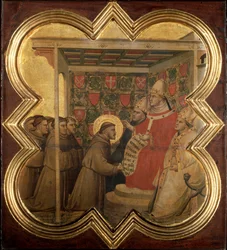 Livet til den hellige Frans av Assisi: Innocent III bekrefter fransiskanerstyret i 1210 - tempera på tre
