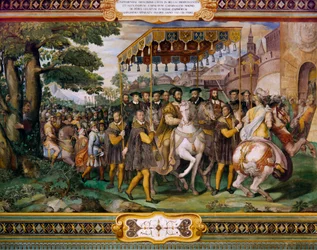 Francis I ønsker Charles V og kardinal Alessio Farnese velkommen i Paris, av Taddeo Zuccari (1529-1566), Palazzo Farnese, Caprarola, Italia