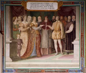 Italia, Lazio-regionen, Caprarola (Viterbo-provinsen), Farnese-palasset, ekteskap av Ottavio Farnese med Margaret av Østerrike av Taddeo Zuccari, fresco