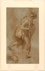 Soldier Running: Studie for figur i venstre forgrunn, "Betrayal of Christ," Roma, S. Maria della Consolazione, Matttei Chapel; Separate studier av to hoder