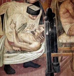 Pleie av syke på et sykehus, en sykepleier hjelper en skadet liggende på en båre”” Detalj. Fresco av Taddeo di Bartolo (1363-1422) Siena fra 1300-tallet, Spedale di Santa Maria della Scala