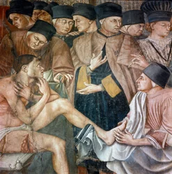 Pleie av de syke på et sykehus, sykepleiere vaske føttene til en pelerin sår "" Detalj. Fresco av Taddeo di Bartolo (1363-1422) Siena fra 1300-tallet, sykehuset i Santa Maria della Scala
