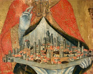 Utsikt over byen San Gimignano, med hus og monumenter, detalj (maleri