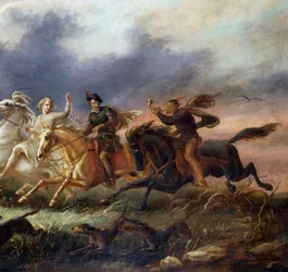 «Jaktens allegori» Tre ryttere på galopperende hester, en av dem spiller horn. Maleri av Tadeusz Brodowski (1821–1848) 1848 Privat samling