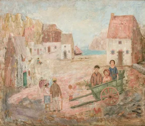 Bylandskap med barn i en vogn