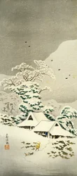 Scene i snø i Sawatari i Joshu-distriktet, rundt 1930, av Takahashi Shotei (1871-1945), o-tanzaku-formet tresnitt, 38,1 x 17,1 cm, japansk sivilisasjon, Meiji-Showa-perioden