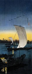 Sekiyado kveldsutsikt, ca. 1930 (O-tanzaku tresnitt)