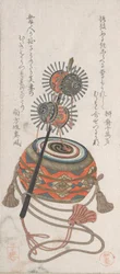 Tromme og Keiro, et slags musikkinstrument brukt til Bugaku-dansen, 1800-tallet.
