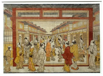 Perspektiv utsikt over Nakano-Cho. Japansk trykk av Masanobu Tanaka, aktiv mellom 1741 og 1748, Ukiyo-E-stil. Paris, Musée Guimet
