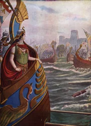 Antik romersk borgerkrig: Egyptisk dronning Cleopatra VII Thea Philopator (69-30 f.Kr.) i slaget ved Actium i Ambracic-bukten 2. september 31 f.Kr. mot Octave of Actiums flåte,