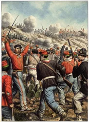 Risorgimento: representasjon av Giuseppe Garibaldi (1807-1882) under et slag - omslag til quot;Garibaldi, Cronistoria illustrata dell#39;epopea Garibaldinaquot; 1930-1934 (trykk)