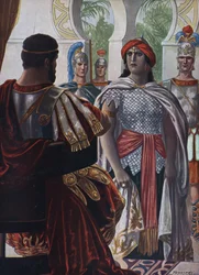 Roman Antiquite: The Imperator of Palmyra Septimia Bathzabbai Zenobie, tatt til fange av romersk keiser Aurelien, 272”” (Dronningen av Palmyrene-riket Zenobia, fange av den romerske keiseren Aurelian, 272 e.Kr.) Illustrasjon av Tancredi Scarpelli tatt (187