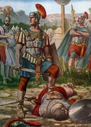 Romersk oldtid: Fremstilling av konsul Titus Manlius Imperiosus Torquatus som beseirer en galler i 361 f.Kr. - Titus Manlius Torquatus kjemper mot en gallisk kriger som utfordret den romerske hæren og dreper ham, 361 f.Kr. Illustrasjon av Tancredi