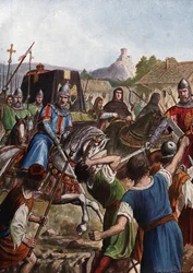Begravelsescortesjen til keiser Otton (Othon) III av Det hellige rike (980-1002) tar restene gjennom Italia mot Aachen og kjemper i sin passasje mot opprørte befolkninger (kisten til Otto III, den hellige romerske keiseren, som passerer gjennom folkemengde