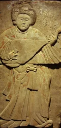 Terrakottastele med musiker, Tang-dynastiet (618-907), oppdaget i Shaanxi-provinsen, Steles Forest Museum i Xian. Fotografi, Leonard de Selva, Kina, 2006.