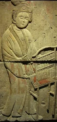 Terrakottastele med musiker, Tang-dynastiet (618-907), oppdaget i Shaanxi-provinsen, Steles Forest Museum i Xian. Fotografi, Leonard de Selva, Kina, 2006.
