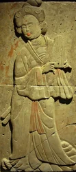 Terrakottastele med musiker, Tang-dynastiet (618-907), oppdaget i Shaanxi-provinsen, Steles Forest Museum i Xian. Fotografi, Leonard de Selva, Kina, 2006.