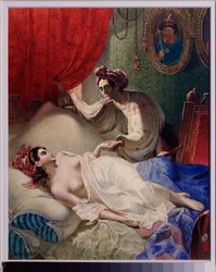 Illustrasjon til diktet ""Poltava"" av Alexander Pushkin (1799-1837). Verk av Taras Grigoryevich Shevchenko (Shevchenko) (1814-1861), akvarell, blekk og gull på papir