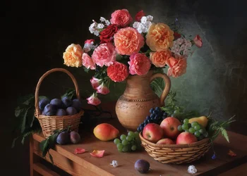 Rustikk frukt og blomster