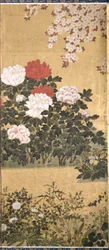 Blomster og sommerfugler (blekk, farge og bladgull på papir)