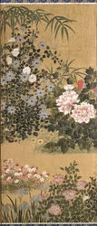 Blomster og sommerfugler (blekk, farge og bladgull på papir)
