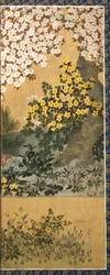 Blomster og sommerfugler (blekk, farge og bladgull på papir)