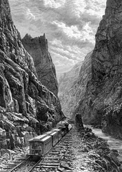 Et tog som passerer gjennom Rocky Mountains, USA, 1800-tallet.