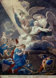 Farget gravering av ære for George Washington løftet til himmelen av Time and Immortality, gravert i Philadelphia, ca. 1799 (gravering) (foto)