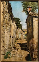 Gårdsbygning i Settignano, ca. 1862 (olje på lerret brukt på et panel)