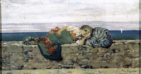 Bondepike liggende på brystning