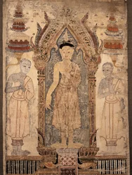 Banner som viser Buddha med disipler, tidlig på 1800-tallet (malt stoff)