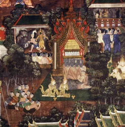 Publikum ser på teater- og dukkeforestillinger i anledning Buddhas begravelse, detalj fra Buddhas død (malt stoff)