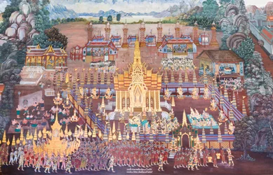 Veggmaleri som viser scener fra Ramayana ved Wat Phra Kaeo, Royal Grand Palace, Bangkok, Thailand