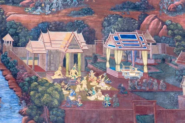 Veggmaleri som viser scener fra Ramayana ved Wat Phra Kaeo, Royal Grand Palace, Bangkok, Thailand
