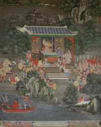 Scene med kinesisk innflytelse, Sala Geng, Wat Bowonniwet Vihara, Bangkok
