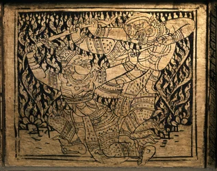 THAI ART: En episode fra «Ramayana». Bokskap i Bangkok-stil.