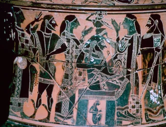 Svartfiguret hals-amfora som viser fødselen til Athena, Attika, Hellas.