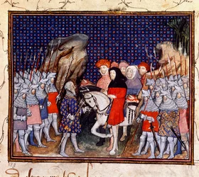 Harley 1319, fol.44, kong Richard II møter jarlen av Northumberland i Conway og tilbyr seg å fratre kronen