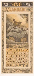 Januar-kalenderark med gjerdedyr og mus Kalender 1911 12 litografier av Th. v. Hoytema (serietittel)