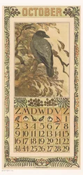 Kalenderside oktober med fargerik kråke Kalender 1910 12 litografier av Th. v. Hoytema (serietittel)